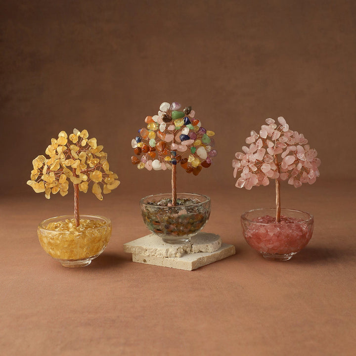 Crystal gemstone tree trio: yellow, multicolor, and pink beads in round glass pots