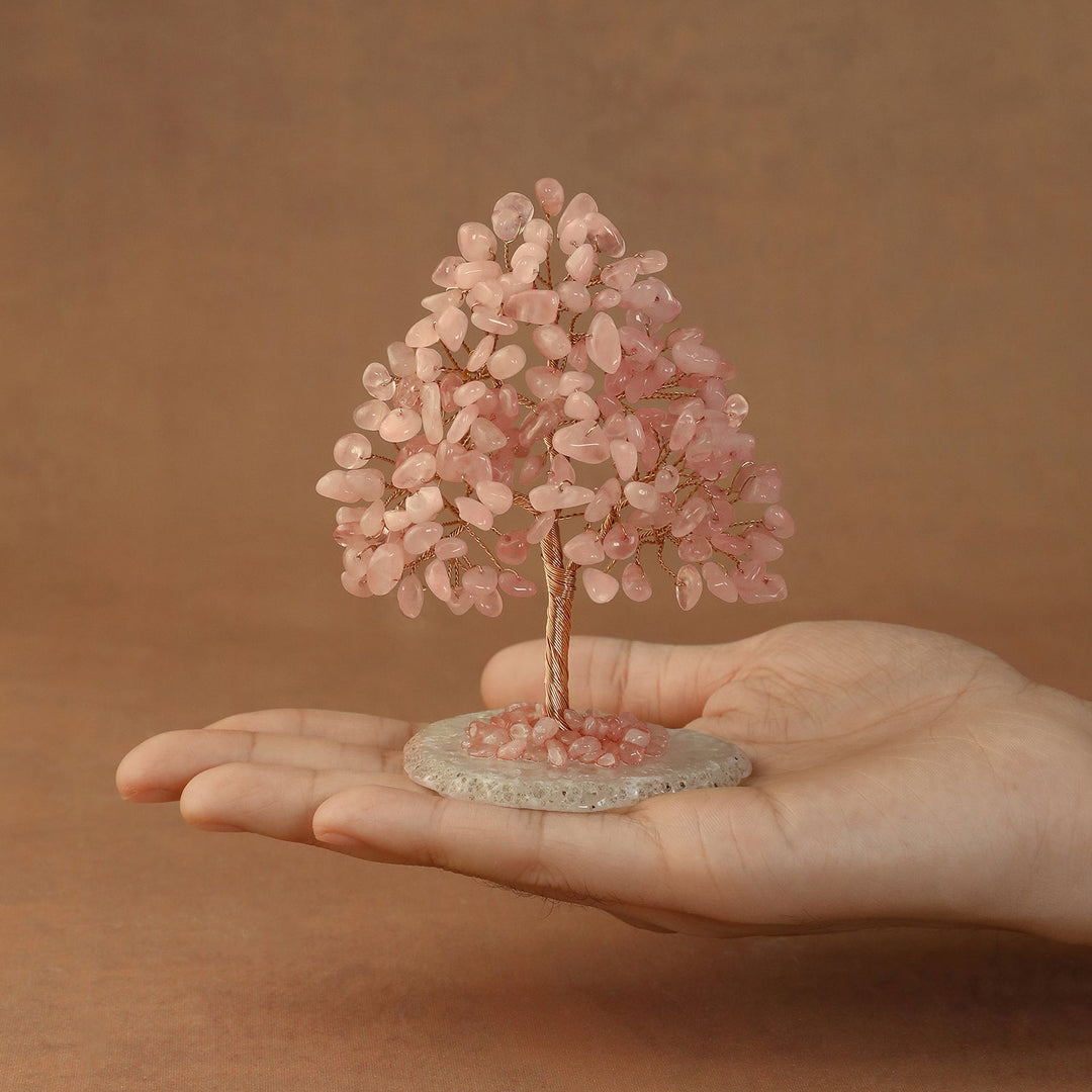 Pink crystal tree sculpture with wire trunk and teardrop gem canopy on round base
