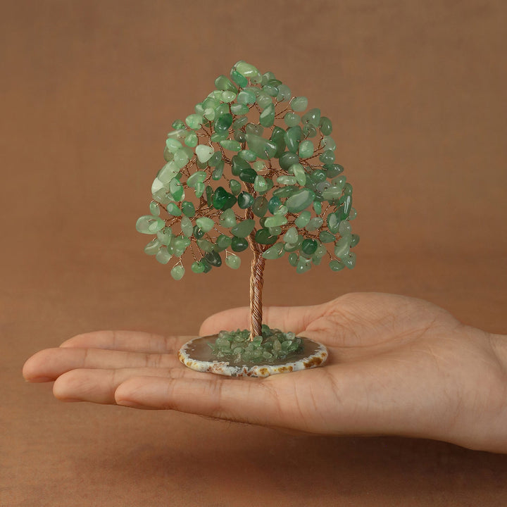 Green crystal tree sculpture with wire trunk and green gem chip canopy on round base