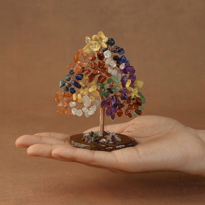 Multicolor gemstone crystal tree sculpture with wire trunk and mixed gem chip canopy on base