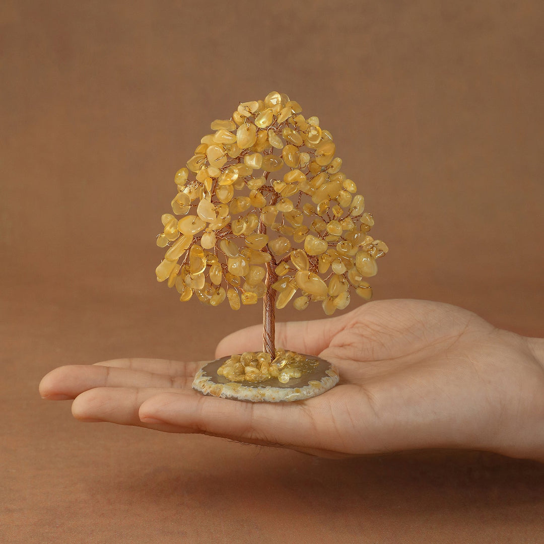 Golden yellow crystal tree sculpture with wire trunk and gem chip canopy on small base