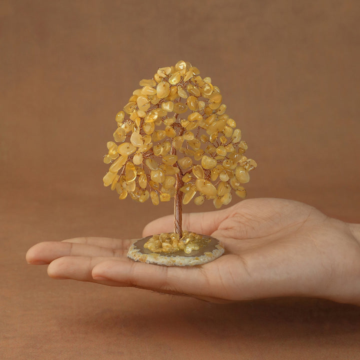 Golden yellow crystal tree sculpture with wire trunk and gem chip canopy on small base