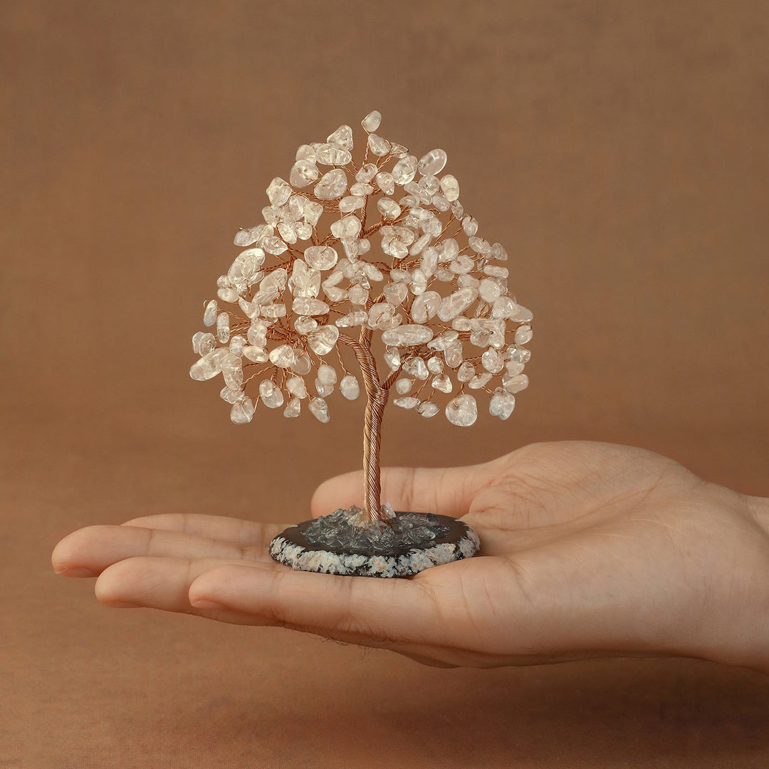 Clear white crystal tree sculpture with wire trunk and gem chip canopy on dark base