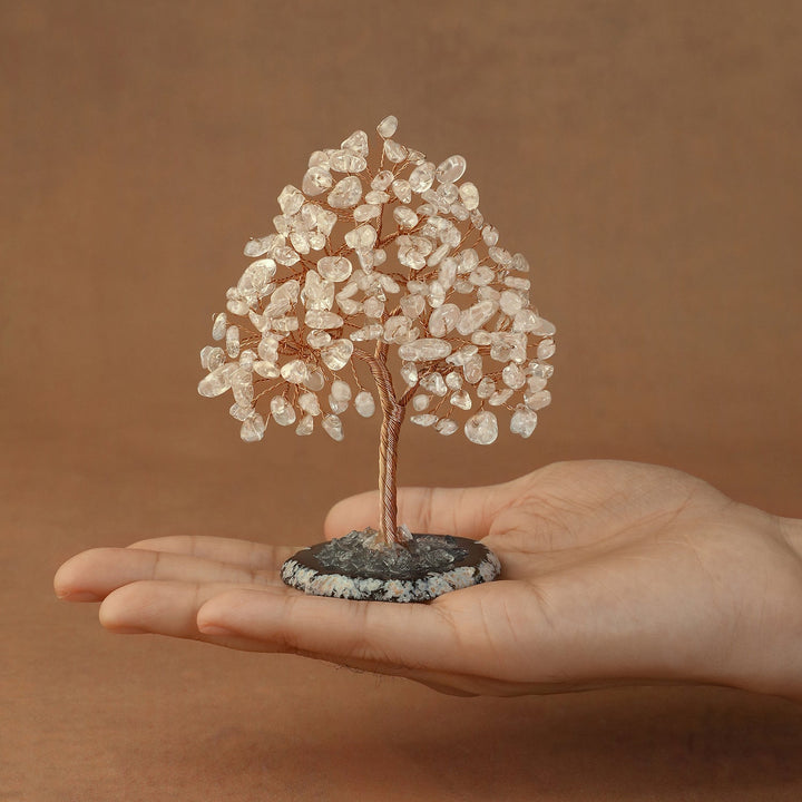 Clear white crystal tree sculpture with wire trunk and gem chip canopy on dark base