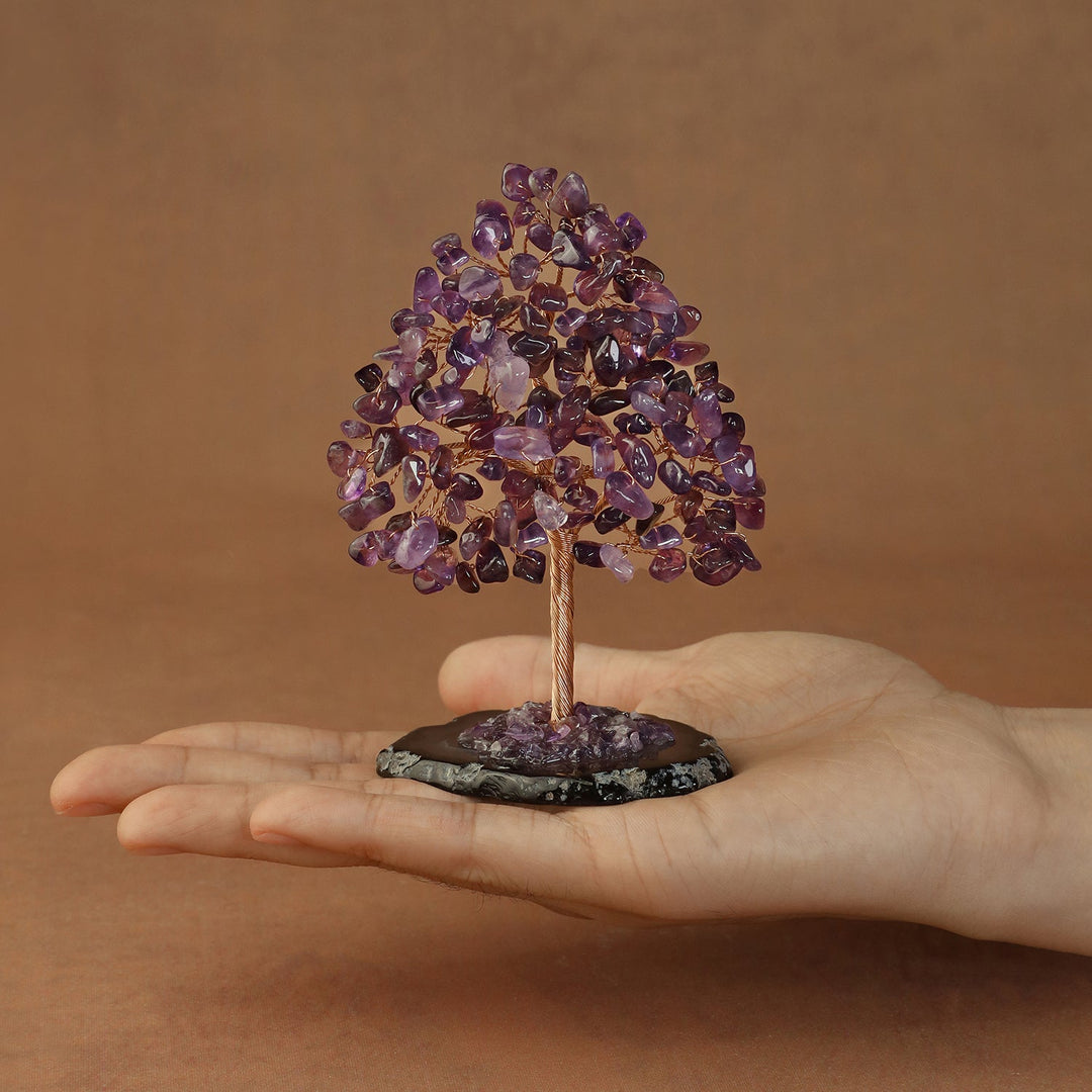 Purple amethyst-style crystal tree sculpture with wire trunk and faceted gem chip canopy on base