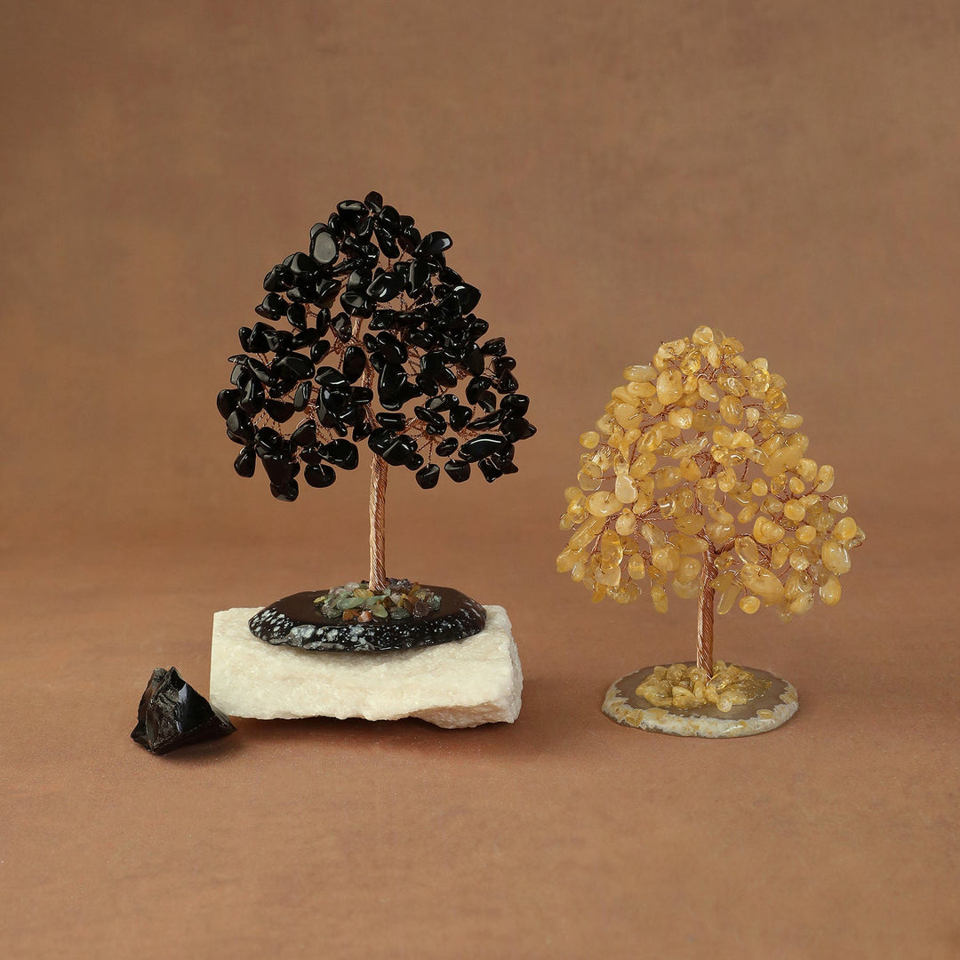 Black and gold crystal bead trees on round stone bases