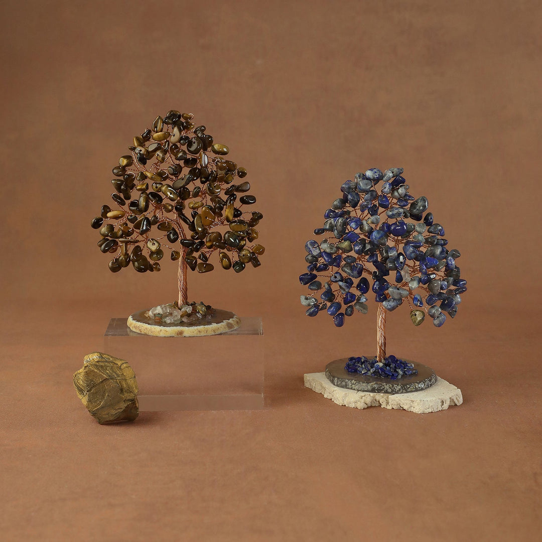 Gold and blue crystal bead trees with natural stone base and display box