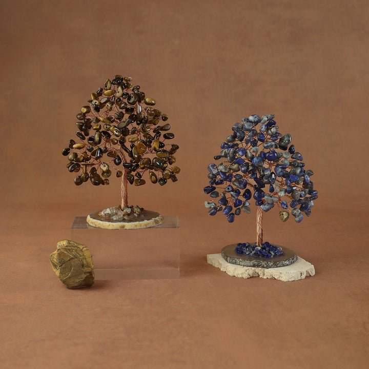 Gold and blue crystal bead trees with natural stone base and display box