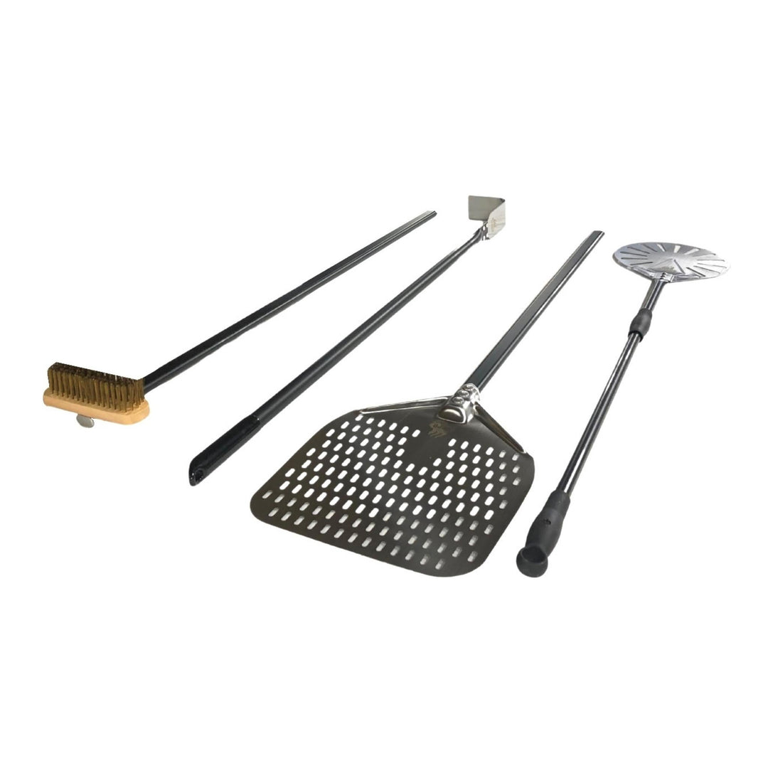 Pizza oven utensil set with perforated peel, long spatulas, and bristle brush