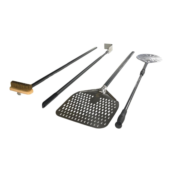 Pizza oven utensil set with perforated peel, long spatulas, and bristle brush