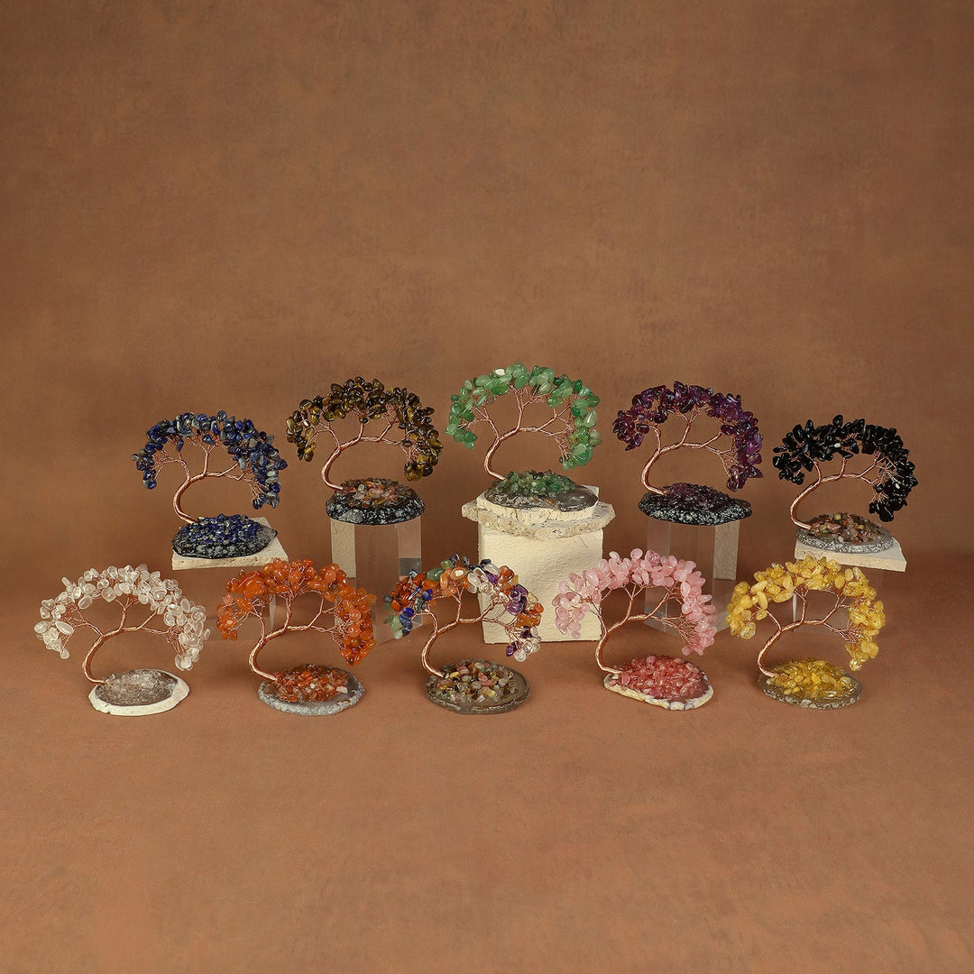 Set of multi-color beaded crystal tree ornaments on stone bases