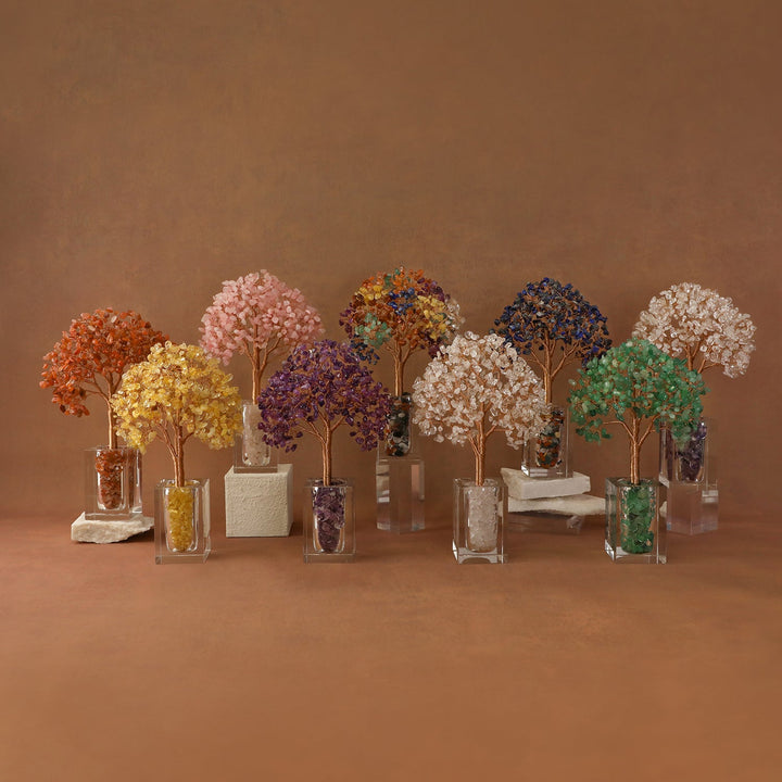 Set of multicolored crystal tree ornaments in clear display blocks and vials