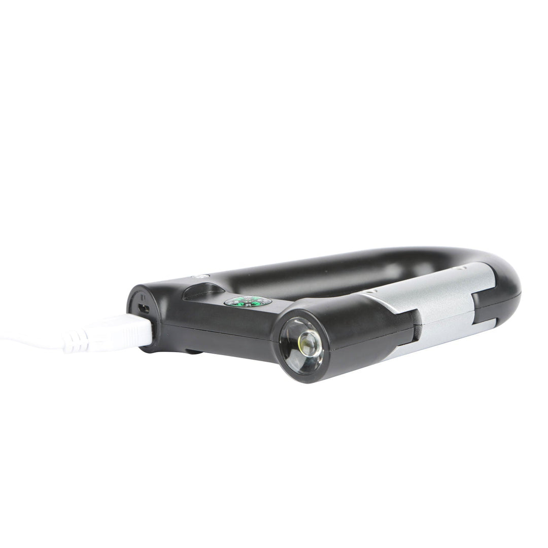 Black carabiner-shaped power bank with front LED flashlight lens and side cutout