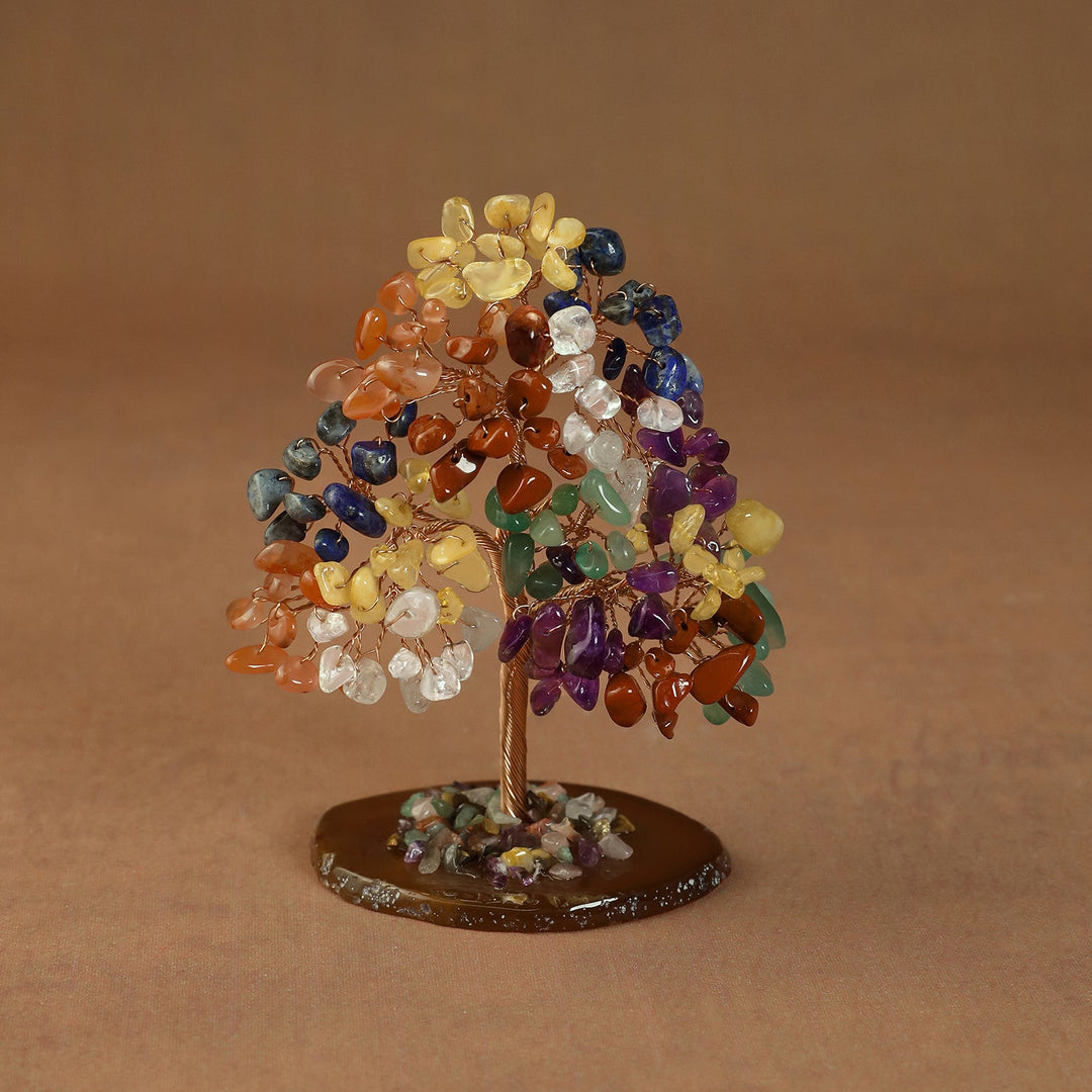 Colorful gemstone bead crystal tree on round stone base