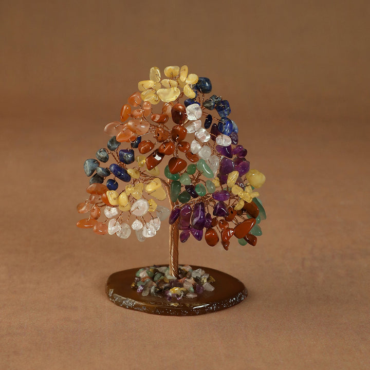 Colorful gemstone bead crystal tree on round stone base