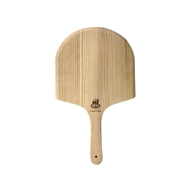 Wood pizza peel launch pad with rounded head and short handle, logo at center.