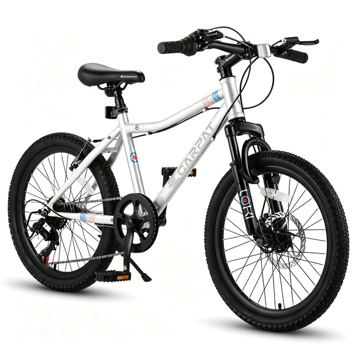 Kids mountain bike with front suspension, black-and-white frame, knobby tires, disc brake