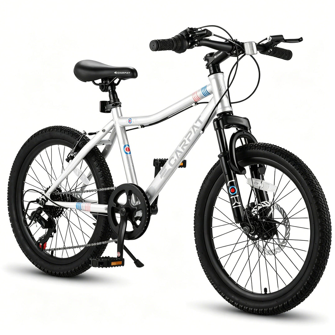 Kids 20-inch mountain bike with front suspension fork, knobby tires, and black handlebar grips
