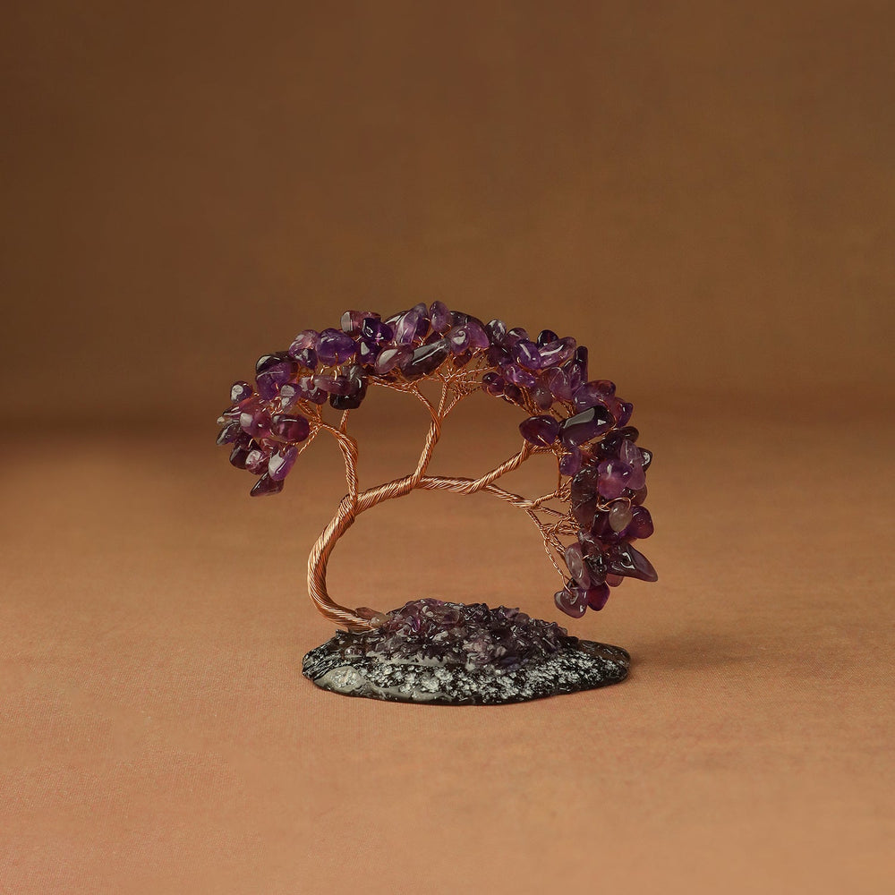 Purple beaded crystal tree ornament with copper wire trunk and stone base