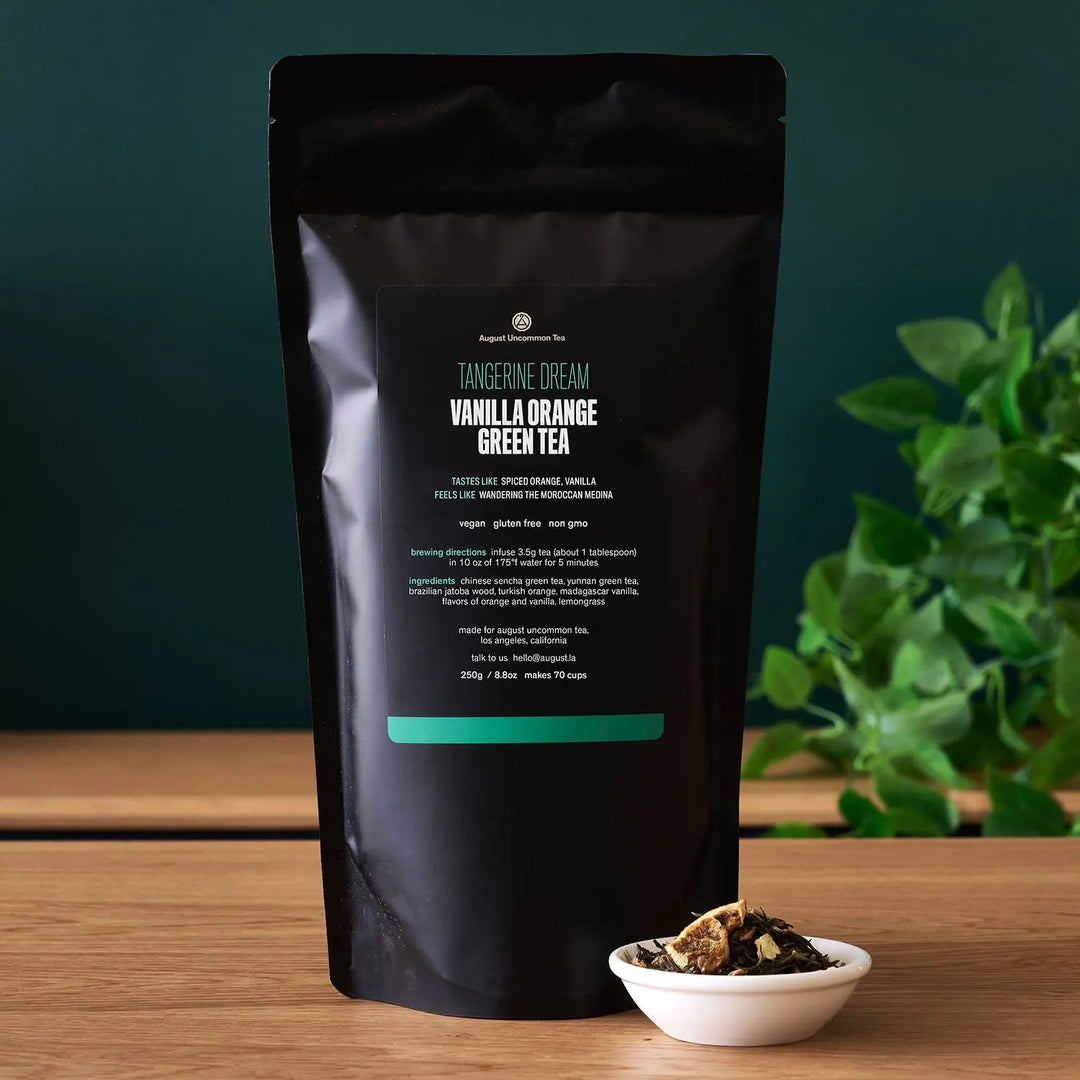 Black tea pouch for vanilla orange green tea blend with ingredient label