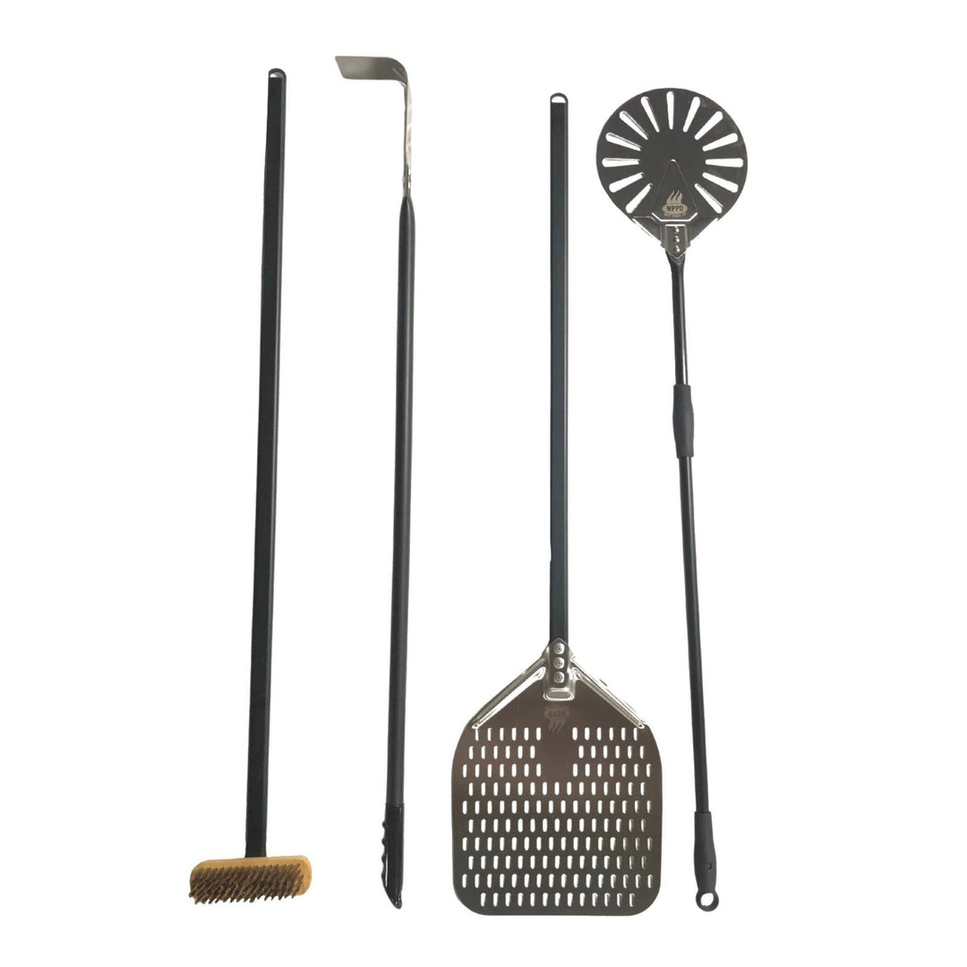 Pizza oven utensil set with perforated pizza peel and four long-handled tools
