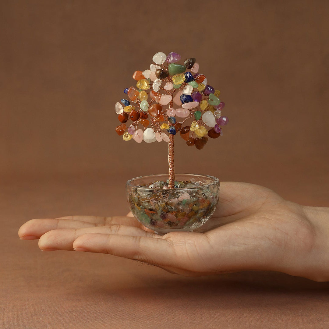 Multicolor crystal tree ornament with mixed gem chips in clear glass bowl