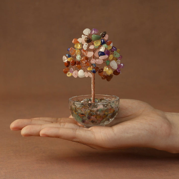 Multicolor crystal tree ornament with mixed gem chips in clear glass bowl