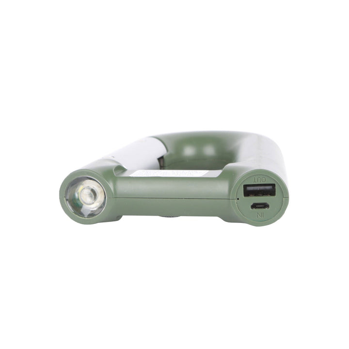 Green carabiner-shaped power bank showing flashlight front and USB port on side