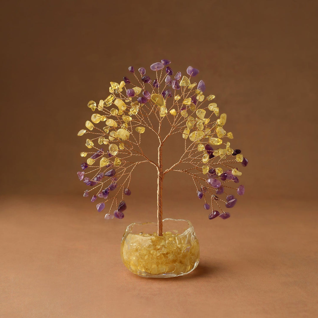 Crystal tree decor with purple and gold gem leaves and wire trunk in clear glass base