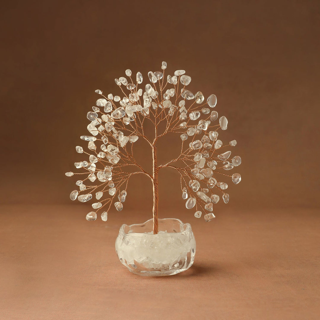 Crystal tree decor with clear white gem leaves and thin wire branches in glass base