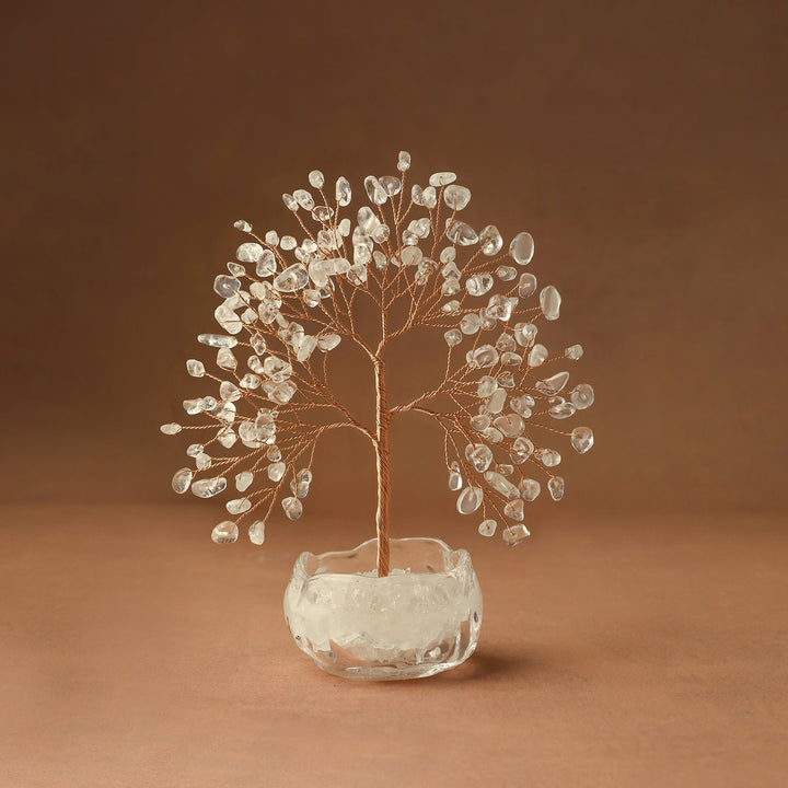 Crystal tree decor with clear white gem leaves and thin wire branches in glass base
