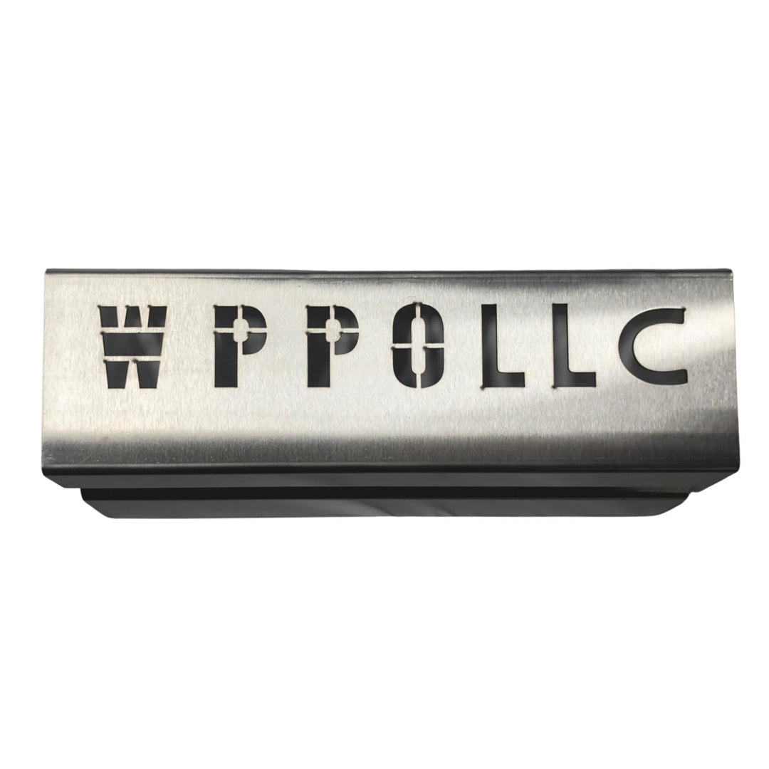Stainless steel heat deflector panel with engraved lettering on flat top