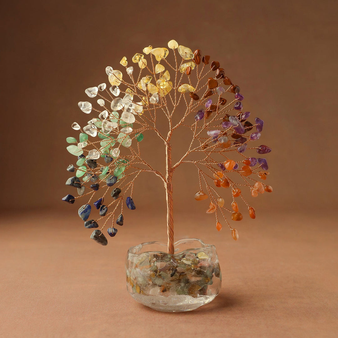 Multicolor gemstone crystal tree with amber metal branches in a clear crystal base