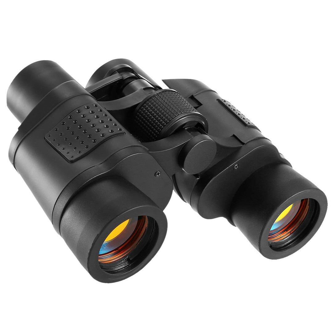 Black 80x binoculars with textured focus wheel and rubber eyecups