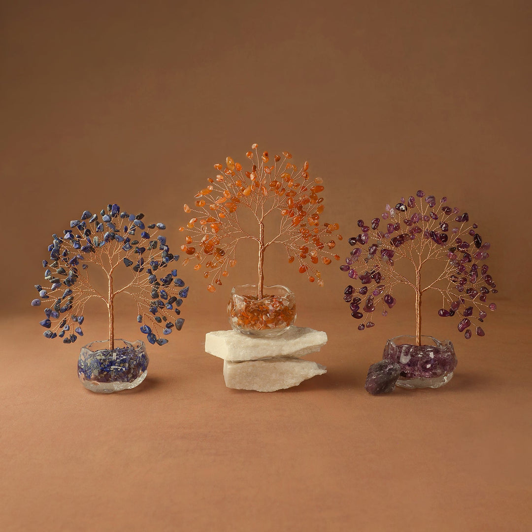 Blue, orange, and purple gemstone crystal trees with crystal bases