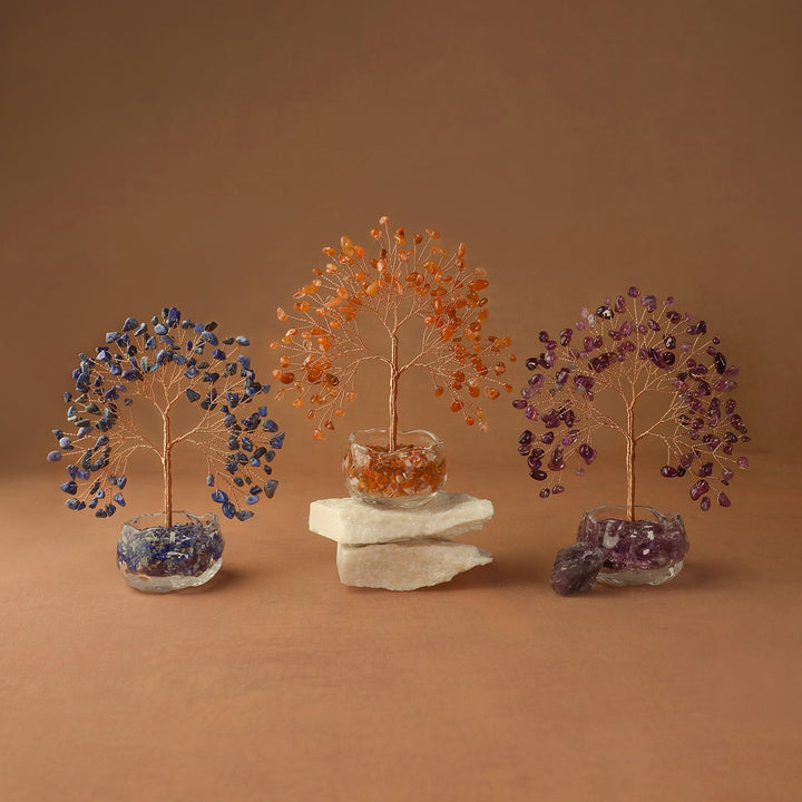 Blue, orange, and purple gemstone crystal trees with crystal bases