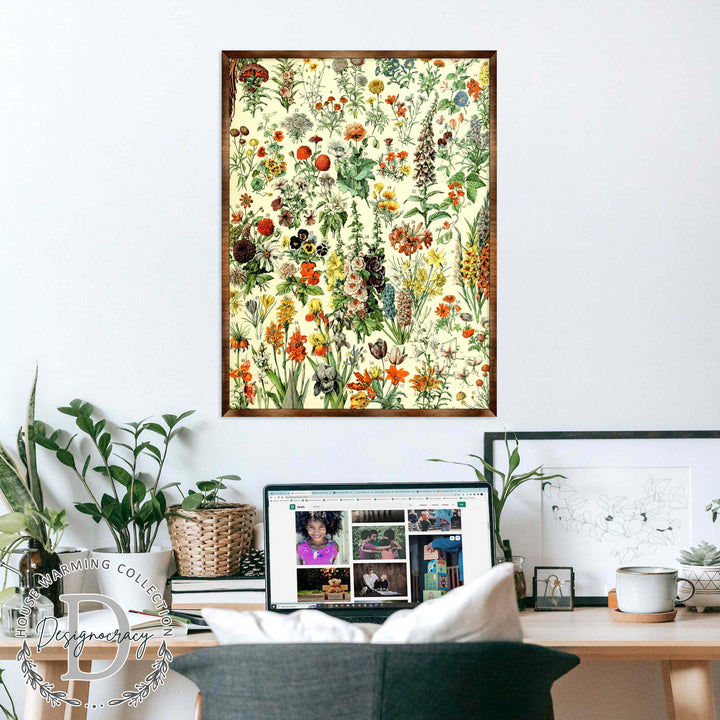 Small floral educational poster with botanical artwork and dark wooden frame