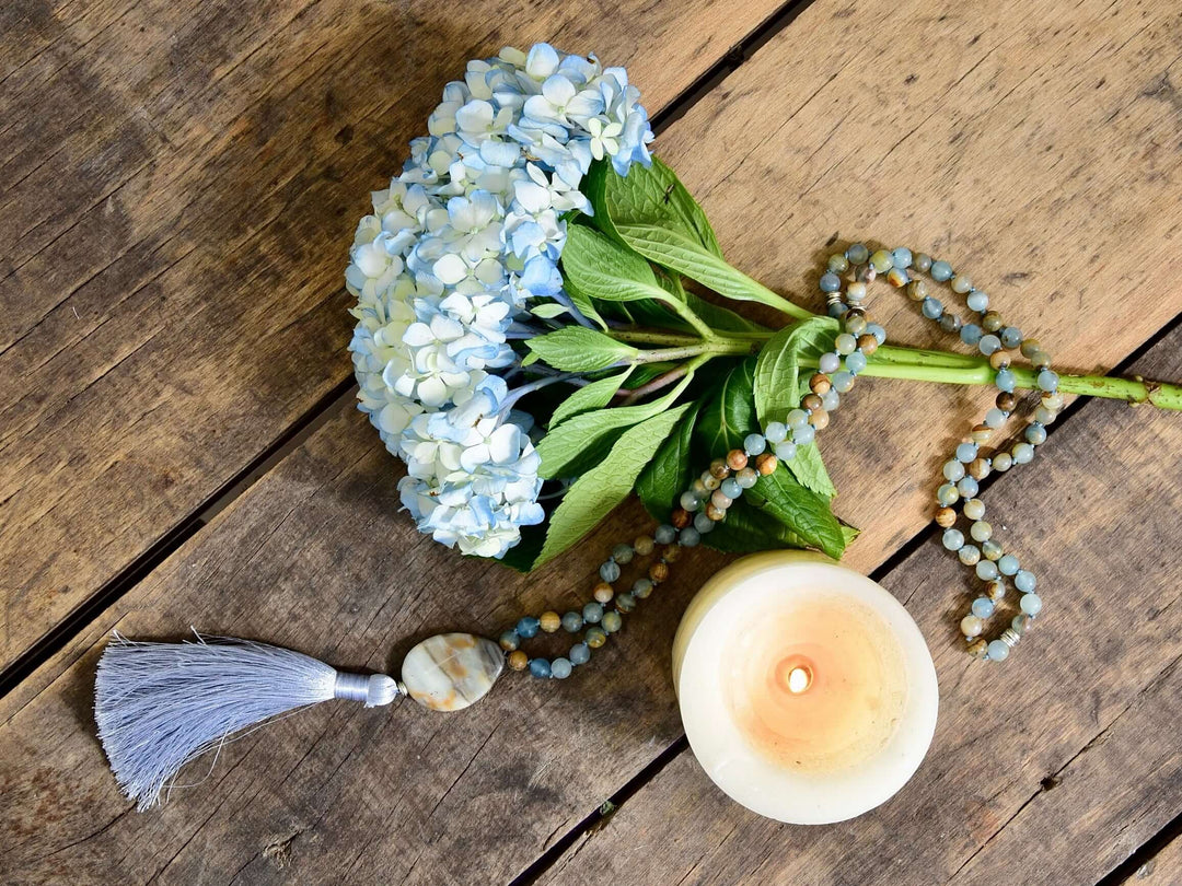 Smooth Sailing Meditation Mala – Lemurian Aquatine Calcite for Confidence & Calm
