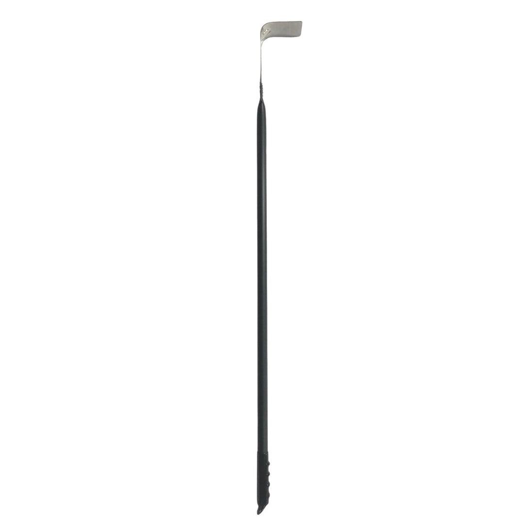 Long coal rake with dark handle and wide metal fire scoop tip