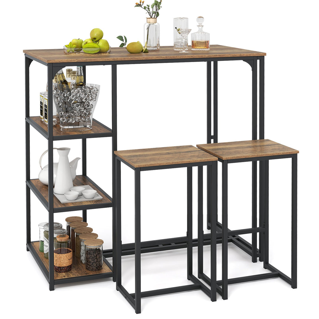 Rustic brown bar table with open cubby storage and two stools; black metal legs
