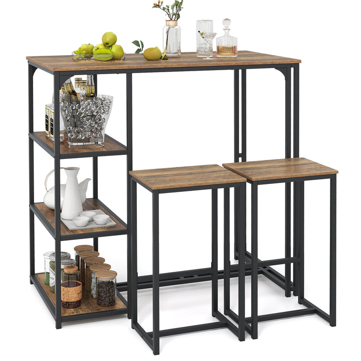 Rustic brown bar table with open cubby storage and two stools; black metal legs