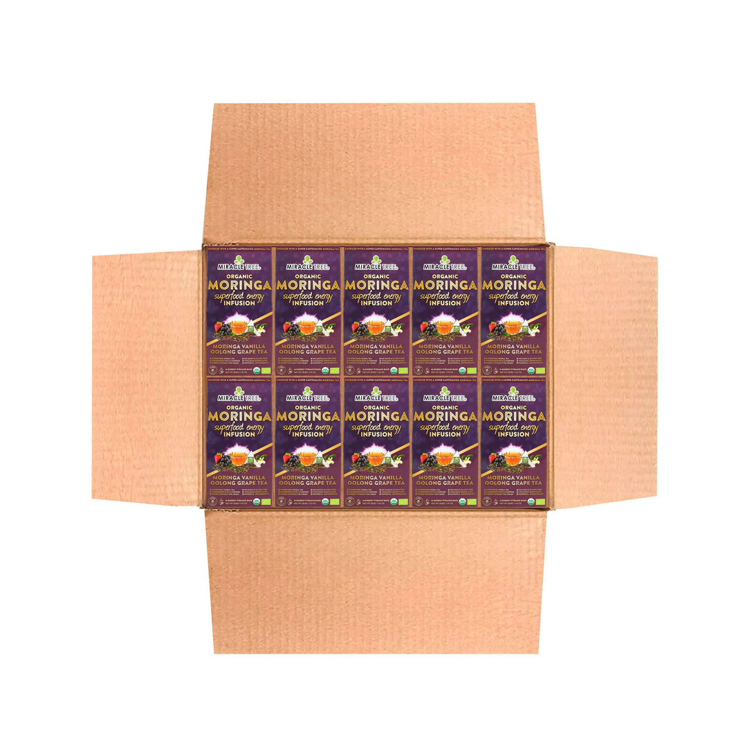Organic moringa tea box bundle with grape vanilla Oolong grape tea flavor packs