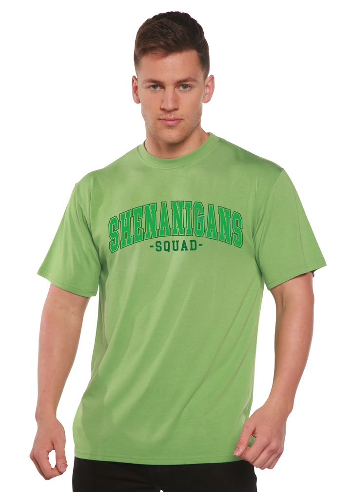 Unisex graphic T-shirt, light green with green “Shenanigans Squad” logo on front.
