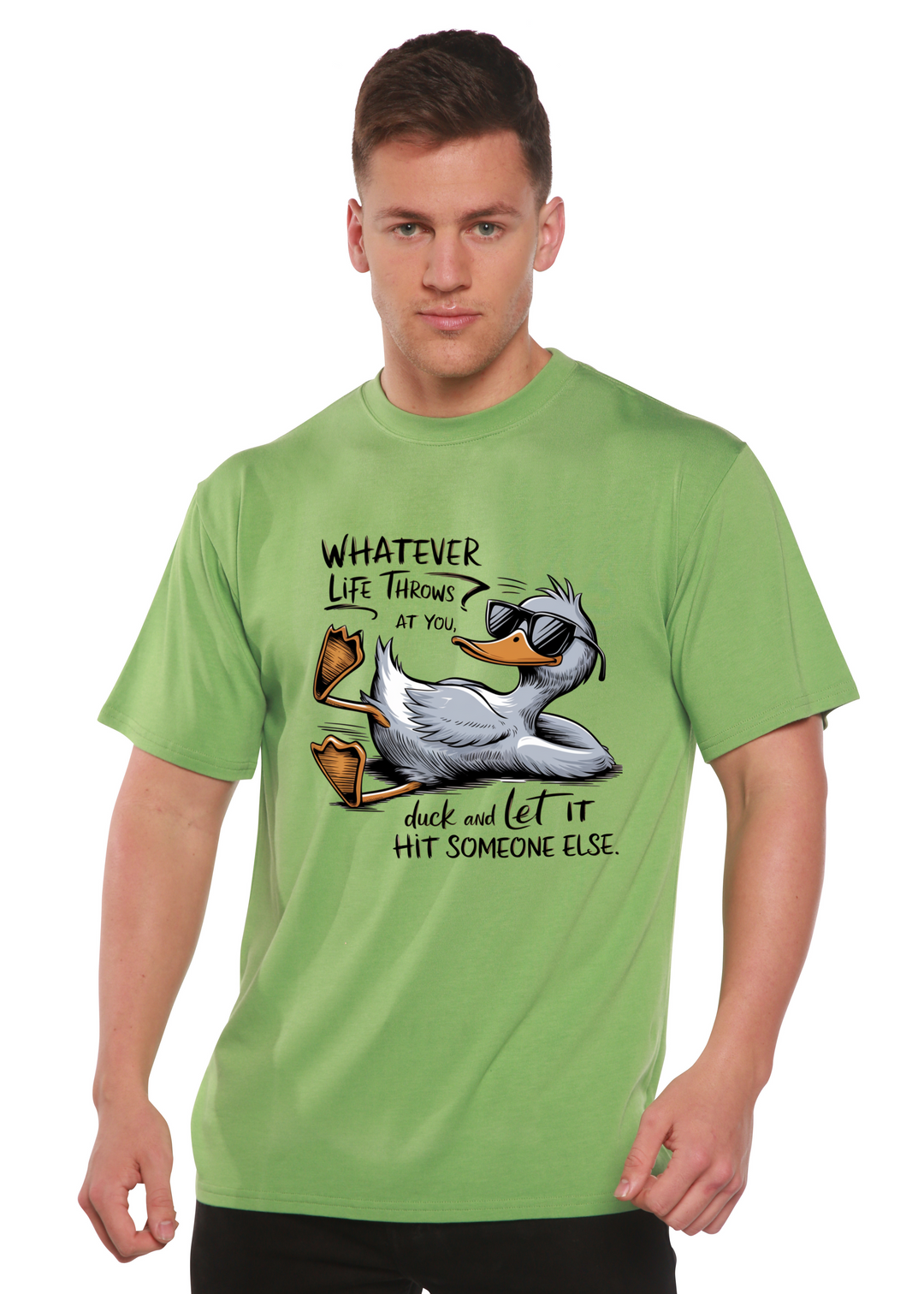 Light green unisex graphic T-shirt with duck illustration and motivational text