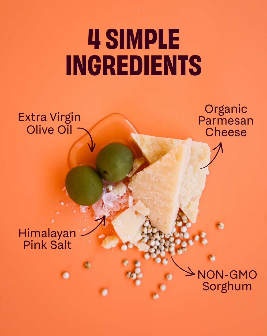 Four simple ingredients graphic: extra virgin olive oil, organic parmesan cheese