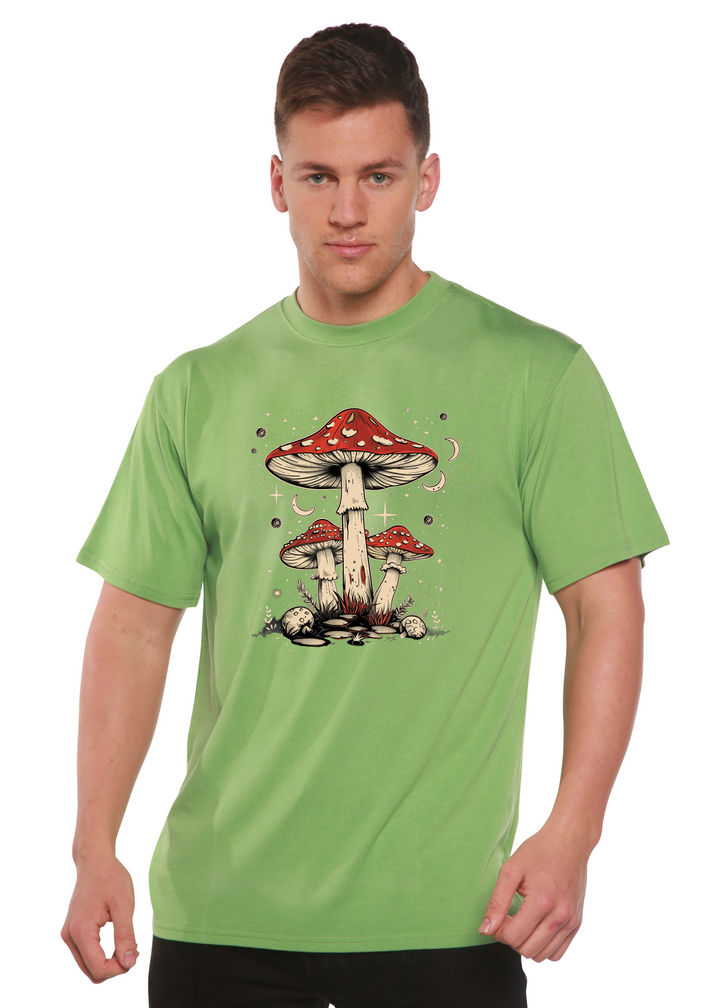 Light green unisex T-shirt with red-and-brown mushroom graphic on the chest