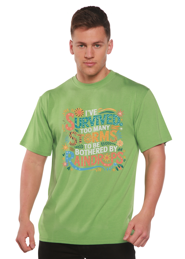 Unisex graphic t-shirt, light green, colorful storm-themed front print.