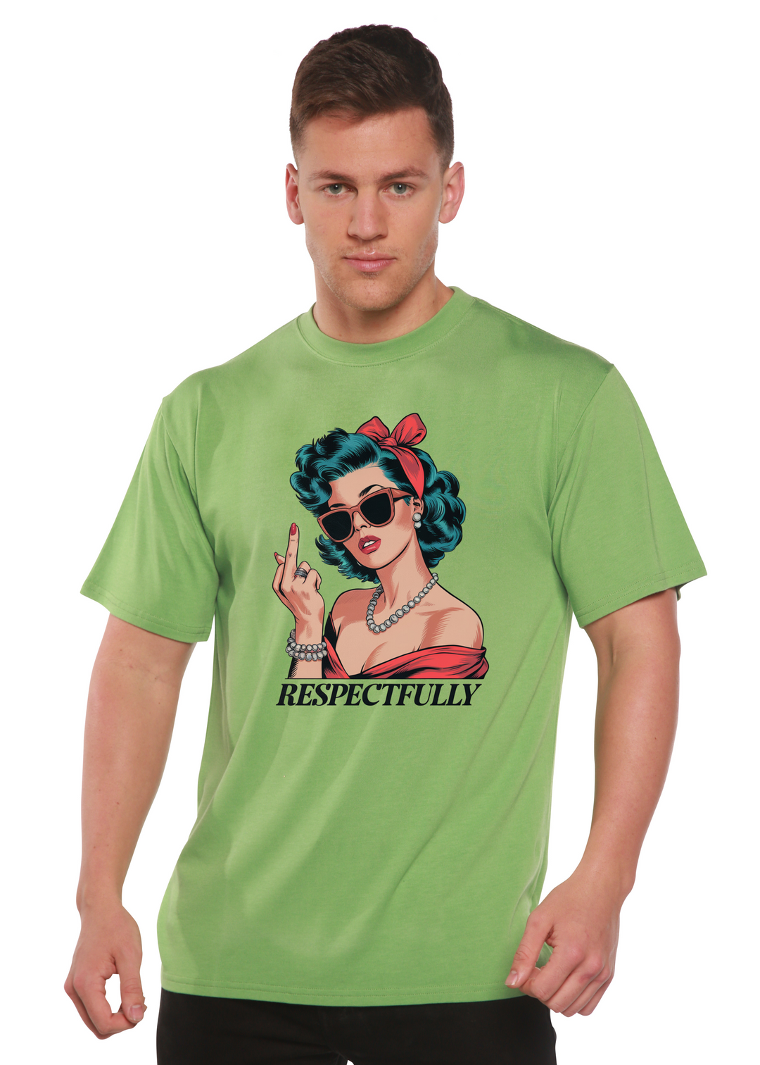 Unisex graphic T-shirt in green with illustrated woman and raised two-finger gesture