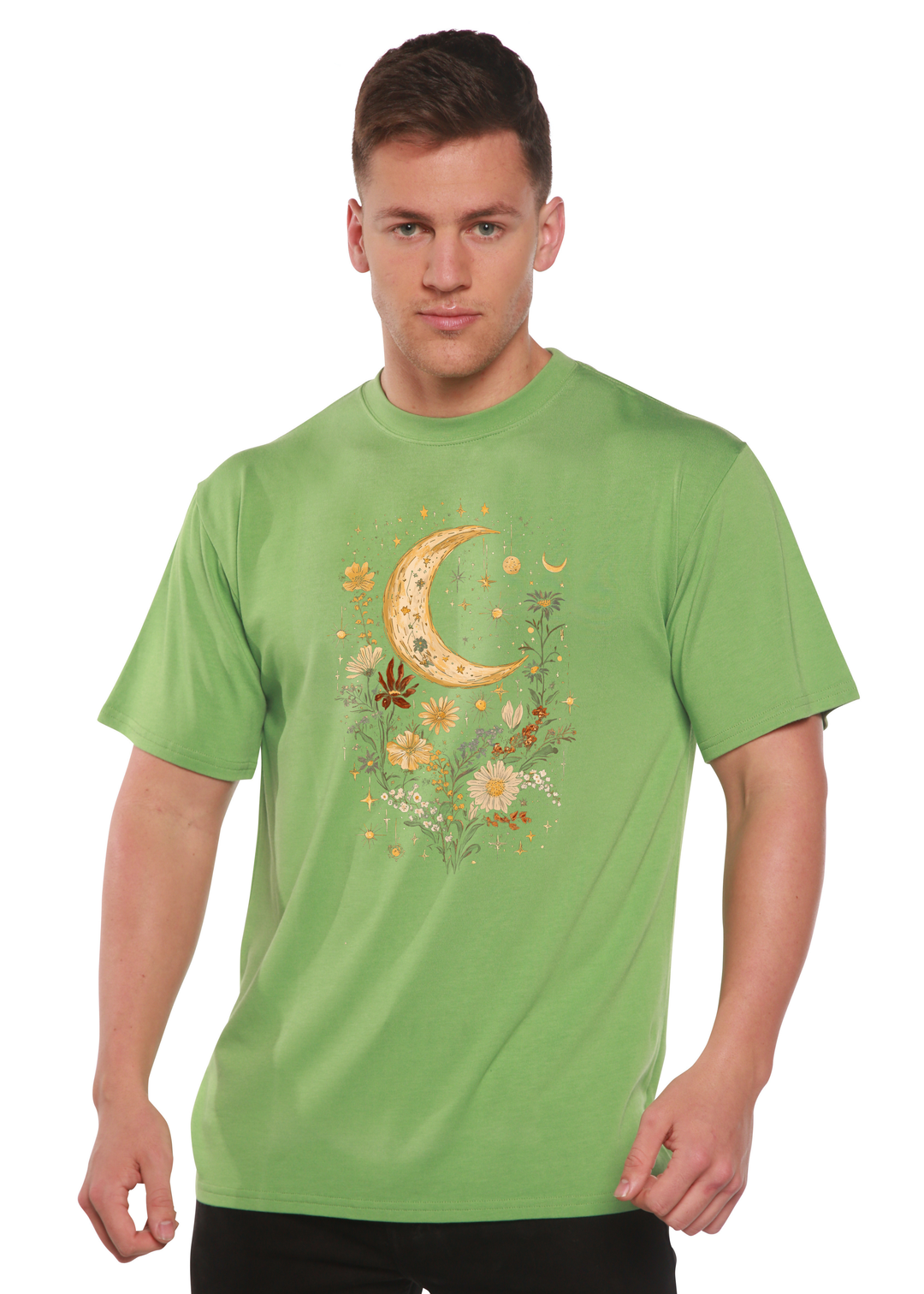 Unisex graphic T-shirt in green with gold crescent moon and floral print.
