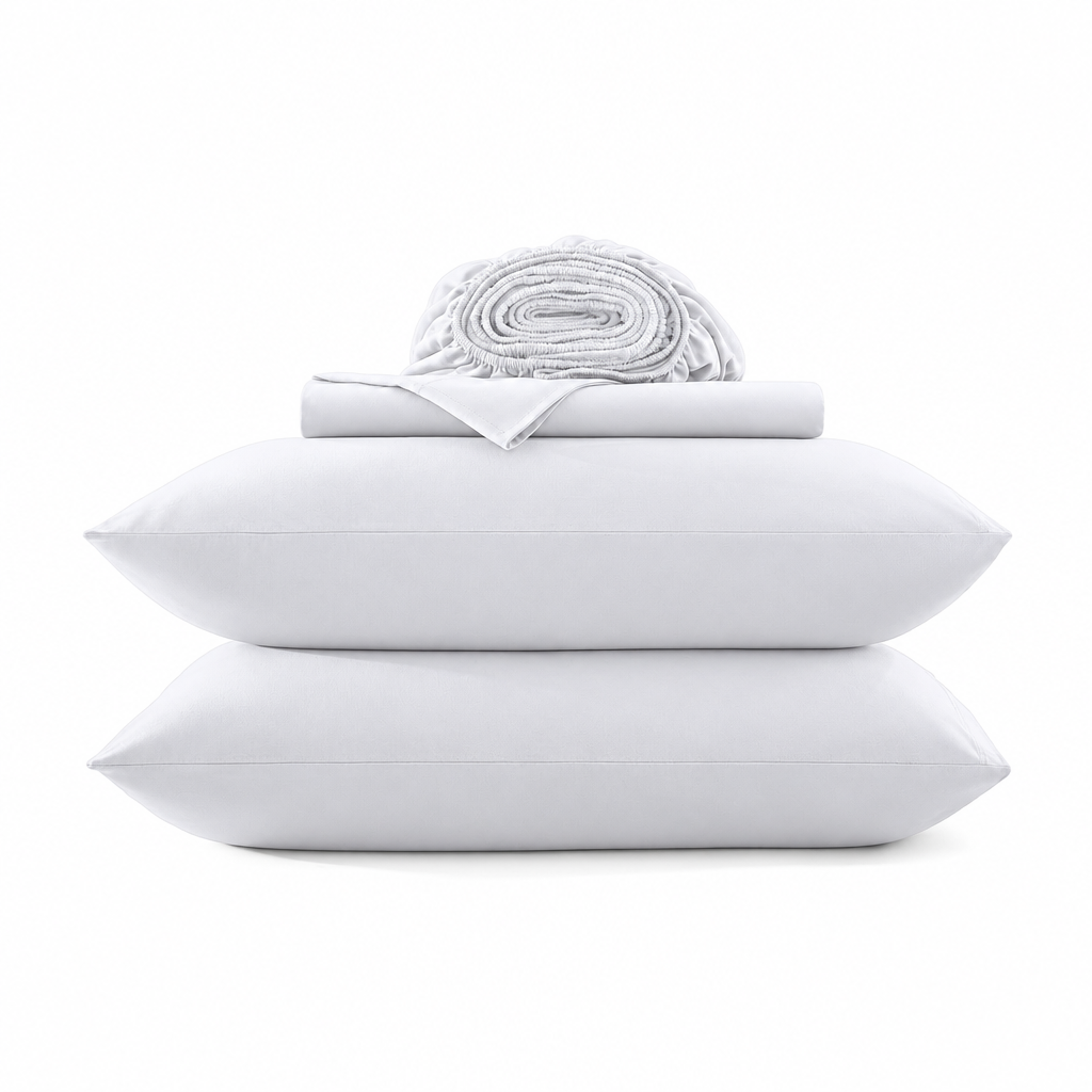 Cotton jersey sheet set, white, folded stack with rolled top and two flat pieces